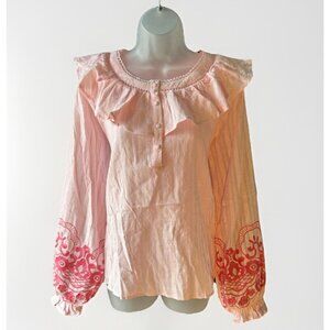 NEW Savanna Jane Peasant Top Pink Floral Embroidered Ruffled Boho Women's Large
